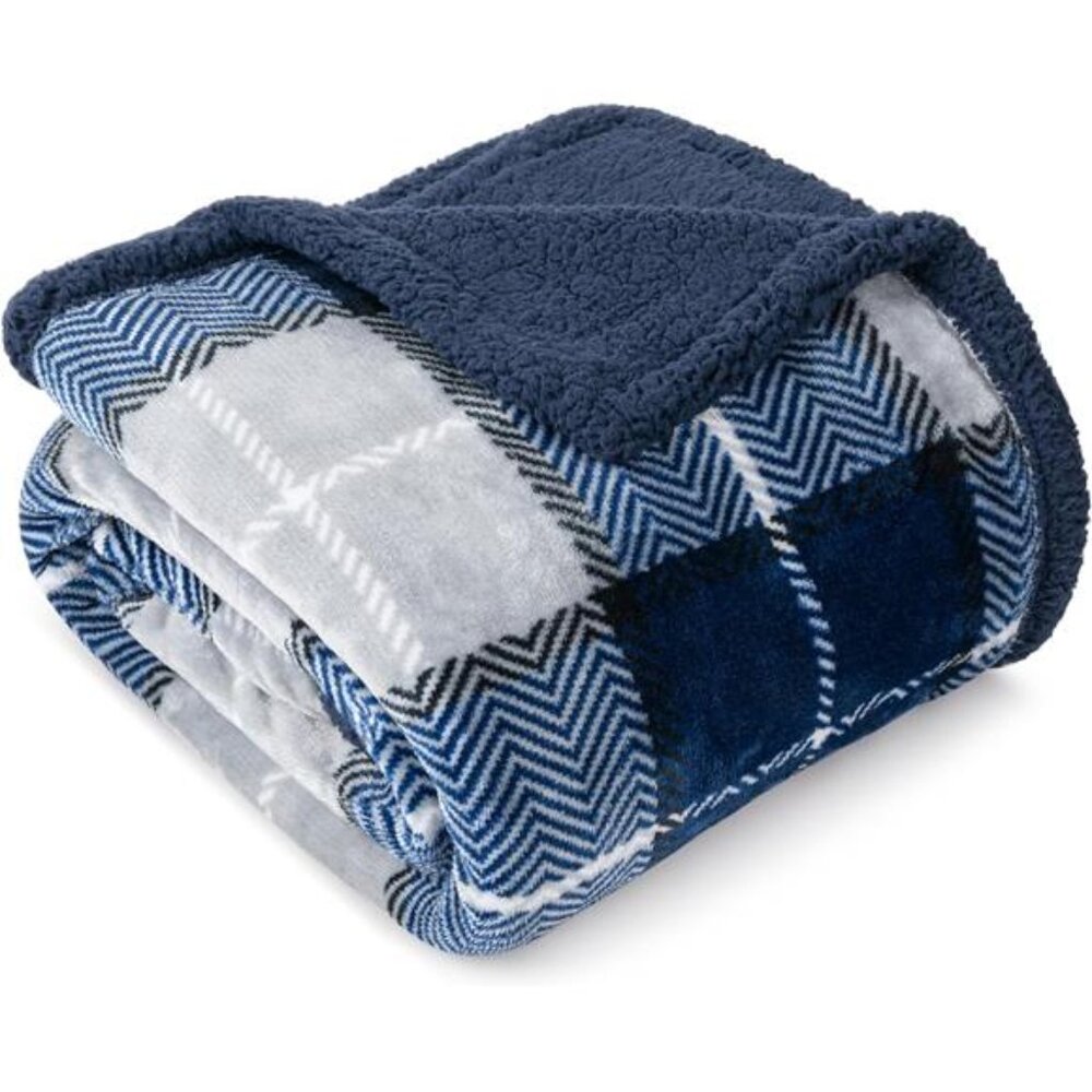 Blue Navy Plaid Sherpa Throw Blanket for Couch Twin, Plush Flannel
